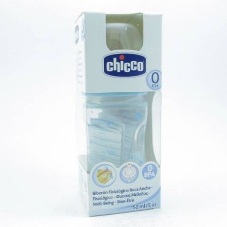 BIBERON PLASTICO PP T CAUCHO CHICCO FISIOLOGICO 0% BISFENOL BOCA ANCHA FLUJO NORMAL 150 ML AZUL