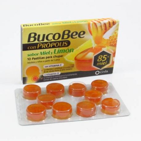 BUCOBEE CON PROPOLIS PASTILLAS PARA CHUPAR MIEL Y LIMON 10 PASTILLAS